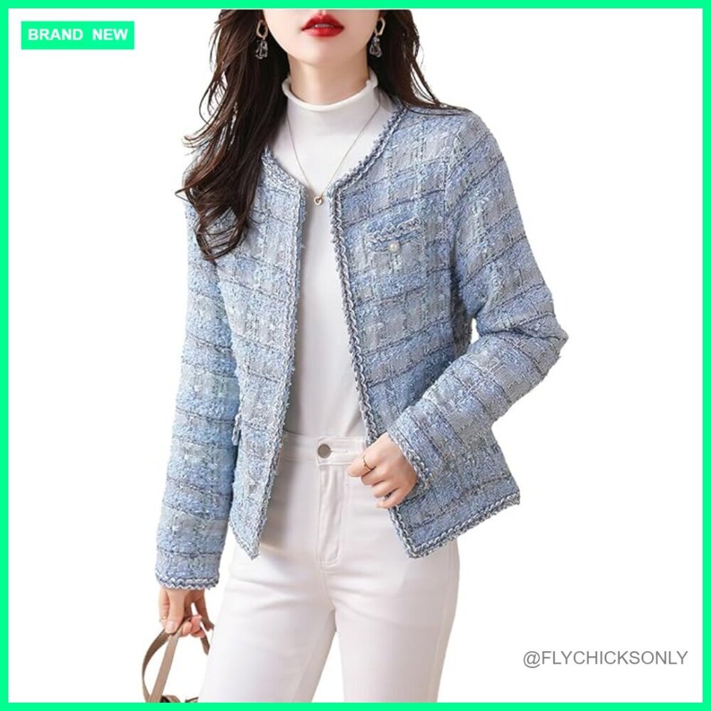 Slim Fit Tweed Blazer with Open Front and V-Neck Collarless Design